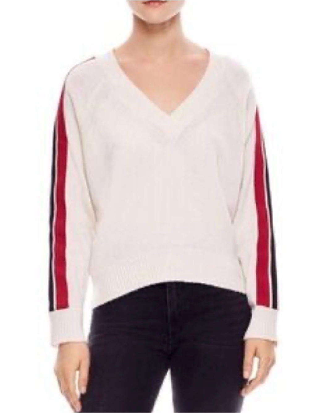 Sandro Wool Blend Cream V-Neck Sweater with Sleeve Stripes Size Large (3)